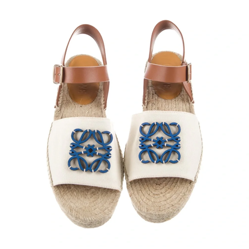 Loewe White & Blue Leather Espadrille Sandals with Tan Ankle Strap